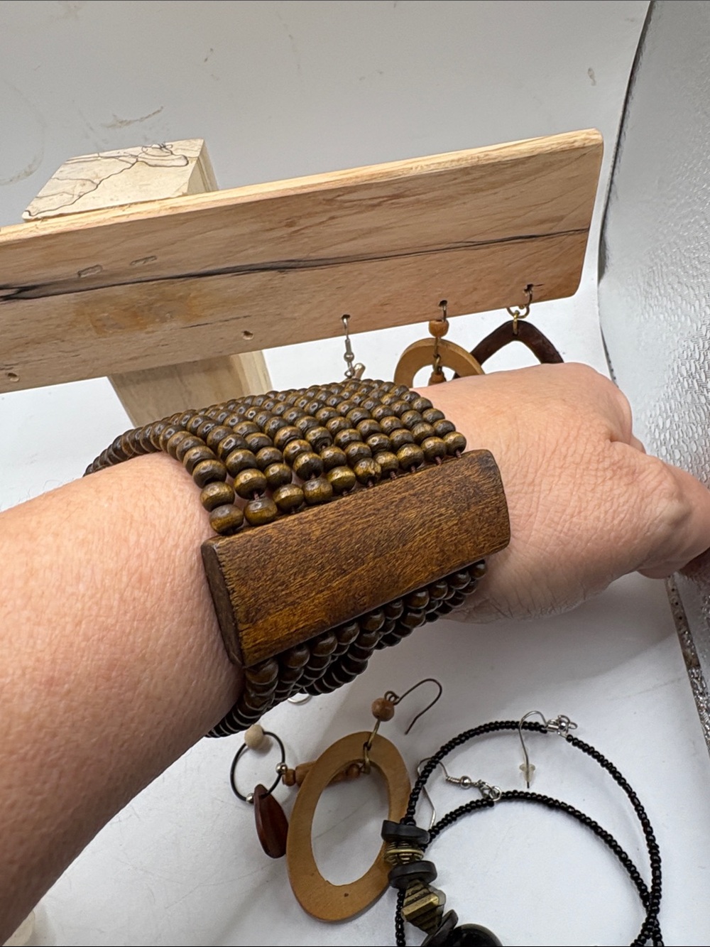 Bohemian Wood Beaded Bracelet and Earrings - Picture 4 of 4